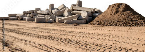 Pile of rough stone blocks and heap of dirt on sandy ground with vehicle tire tracks construction material aggregate soil