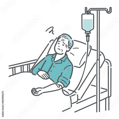 点滴中に気分が悪そうな高齢の男性患者のイラスト（副作用・急変）