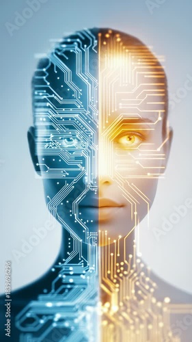 A striking image of a female face seamlessly blended with intricate electronic circuits, representing the synergy between AI and humanity. The glowing elements evoke advanced digital transformation