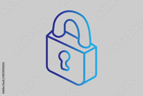 This image is a minimalist and isometric illustration of a padlock icon. It features a solid, rectangular body with a keyhole in the center and a large, rounded shackle loop on top.