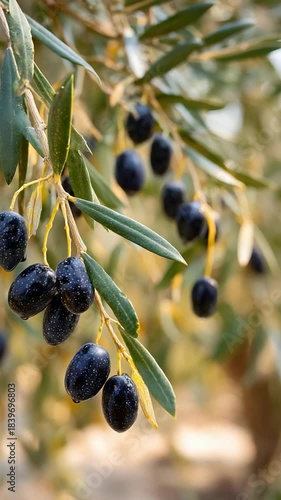 Fresh Ripe Black Olives Hanging from a Green Olive Tree Branch in a Sunny Orchard.