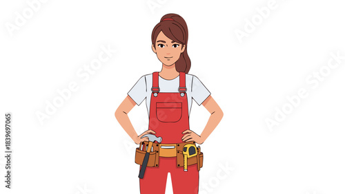 Confident Woman Wearing Red Overalls and Tool Belt Posing with Hands on Hips Ready for Construction Work Isolated on Black Background