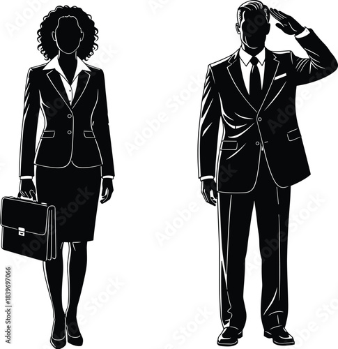 Black silhouette vector of a business couple standing side by side, featuring a professional woman with a briefcase and a man in a suit saluting, isolate
