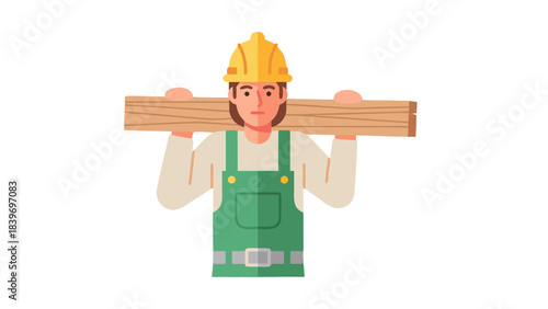 Construction worker wearing yellow hard hat and green overalls carrying wooden planks on shoulders isolated on black background professional carpentry labor industry concept clean vector illustration