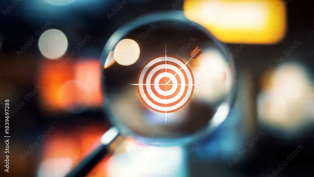 Fototapeta premium Magnifying glass highlighting a dartboard symbolizing strategy, planning and leadership