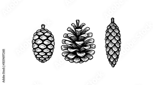 Hand-drawn illustration of three detailed pine cones on a white background