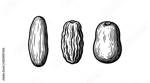 Hand-drawn illustration of three dried fruits, isolated on white background