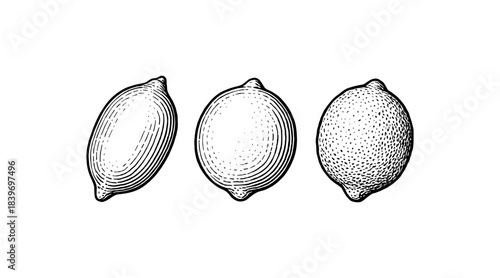 Detailed illustration of three lemons in a black and white engraving style