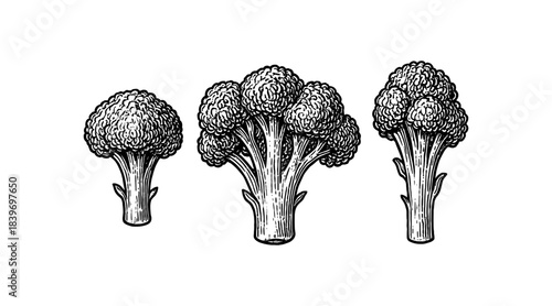 Detailed illustration of broccoli florets in a vintage engraving style