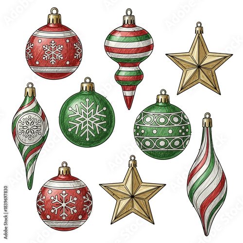 Set of Christmas Baubles and Decorations Featuring Various Festive Designs
