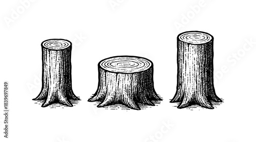 Hand-drawn illustration of three tree stumps on a white background