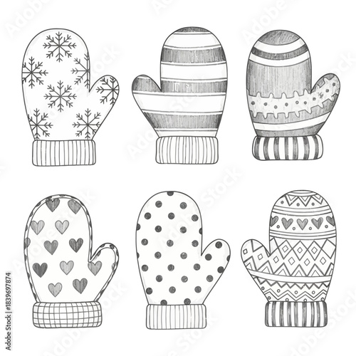 Set of six detailed winter mittens with various patterns for holiday decor