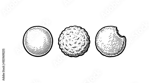Hand-drawn illustration of three cookies, one bitten, isolated on white background