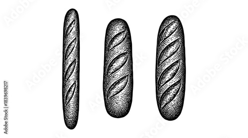 Detailed illustration of three fresh baguettes, perfect for bakery or food concepts