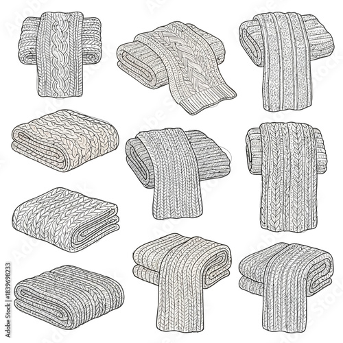 Detailed line drawings of various knitted wool scarves and sweaters in different styles and textures
