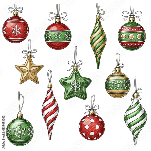 Festive Christmas Tree Ornaments with Various Shapes Colors and Designs for Holiday Decoration