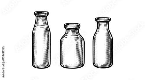 Vintage milk bottles illustration in black and white on a white background