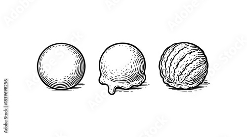 Engraved ice cream scoops in various stages of melting, isolated on white