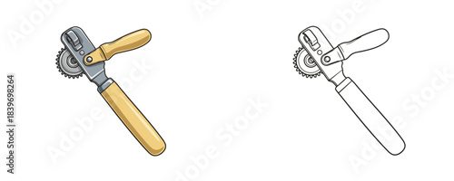 Stylized vector illustration of a manual metal rotary can opener with light wooden handles and a black outline drawing