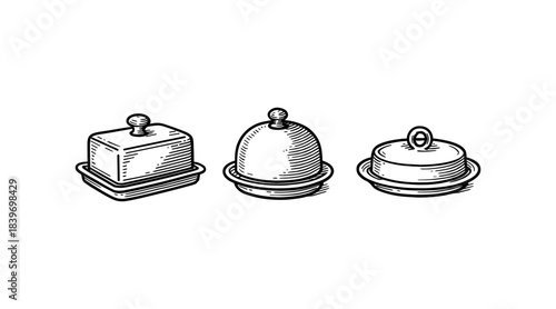 Vintage butter dishes illustration in black and white, isolated on white background