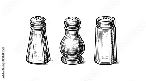 Vintage salt shakers illustration in detailed engraved style on white background