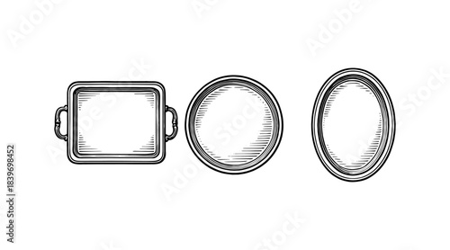 Engraved serving trays in three shapes, isolated on a white background