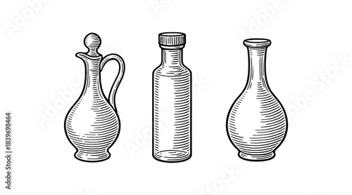 Vintage Illustration of Glass Bottles for Oil, Vinegar, and Other Liquids