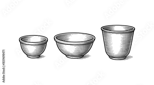 Engraved illustration of three bowls and a cup on a white background