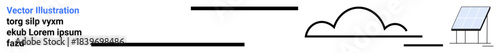 Renewable energy, sustainability, clean energy, solar power, eco-friendly technology, alternative resources. Minimalistic solar panel alongside cloud and lines landscape. Renewable energy