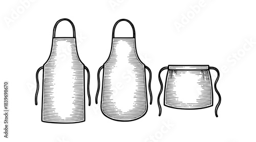 Line art illustration of three different aprons for cooking and baking