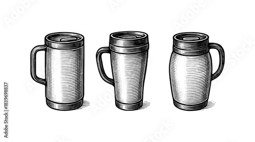 Engraved illustration of three different insulated travel mugs with handles