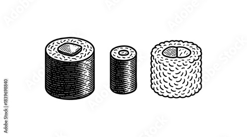 Delicious sushi rolls illustration in a detailed black and white style