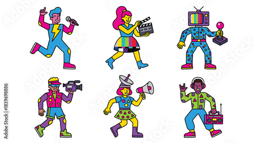 Colorful Retro 80s Style Characters in Dynamic Action Poses for Fun and Entertainment Themes