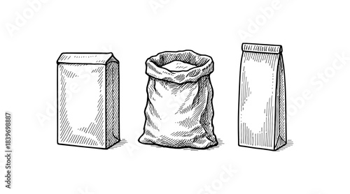 Ink drawing of various paper bags and sacks on a white background