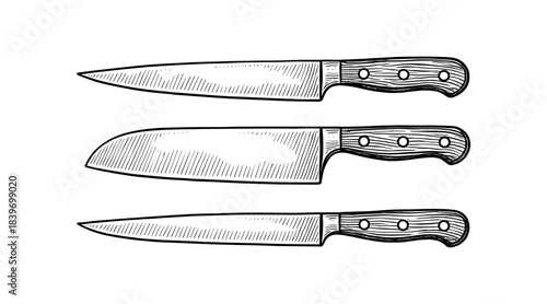 Detailed illustration of three kitchen knives with wooden handles