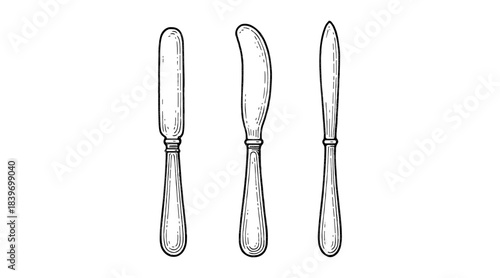 Elegant line art illustration of three different vintage butter knives on white