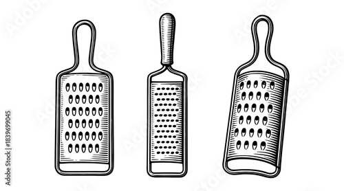 Detailed illustration of three different kitchen cheese graters