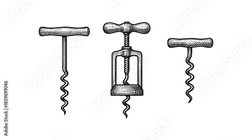 Vintage corkscrew illustrations in black and white on a white background