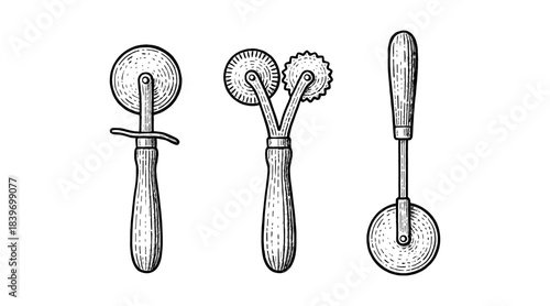 Vintage kitchen tools: pizza cutters and pastry wheel illustrations