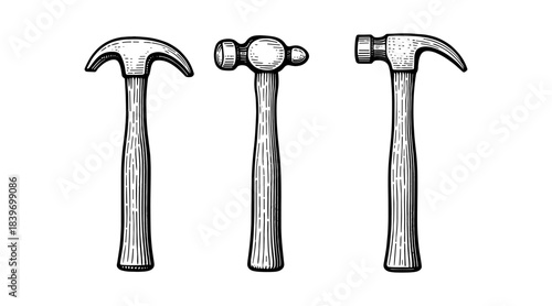 Vintage Hammer Illustrations: Claw, Ball-Peen, and Framing Hammer Designs