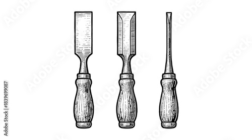 Detailed illustration of three wood chisels isolated on a white background