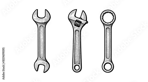 Engraved illustration of three different wrenches on a white background