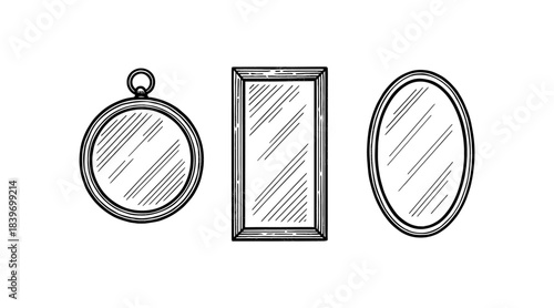 Line art illustration of three different mirror shapes on white background