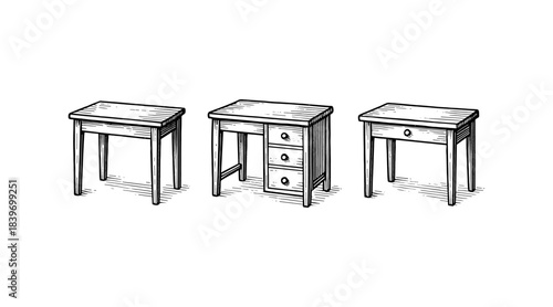 Hand-drawn illustration of three wooden desks on a white background