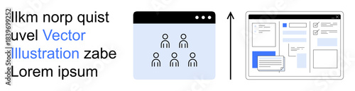 Web development, UX design, user profiles, digital communication, website architecture, interface design. Browser window with user icons and website wireframe layout. Web development and UX design