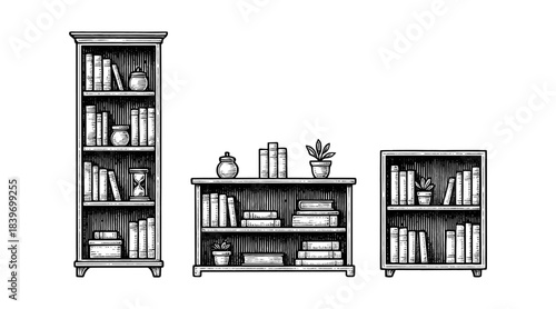 Hand-drawn illustration of bookshelves with books and decorative items