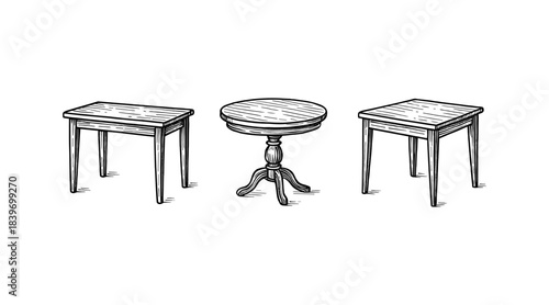 Hand-drawn illustration of three different tables in a minimalist style