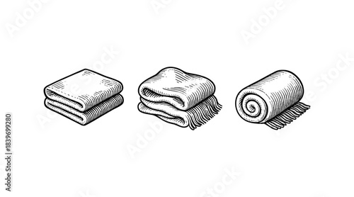 Engraved illustration of folded and rolled blankets in a minimalist style