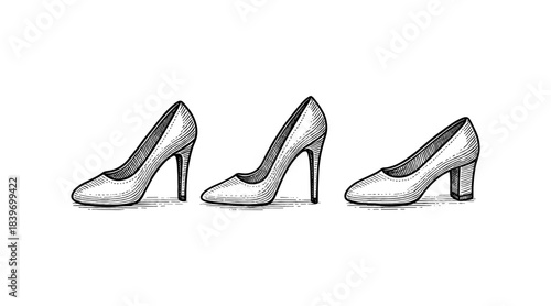 Elegant high heels illustration in a classic black and white engraved style