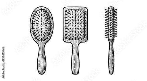 Vintage hairbrushes illustration in black and white, isolated on white background